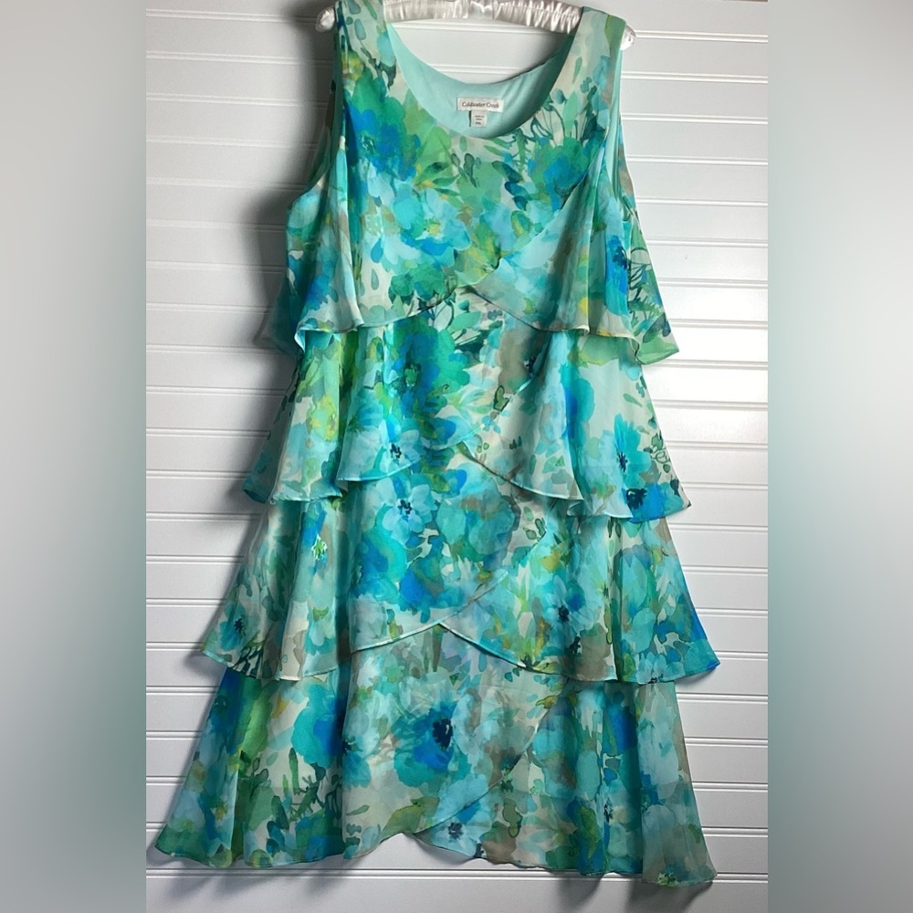 Coldwater Creek Light Blue& Green  tiered  Floral Midi Dress size PXL - Picture 7 of 12